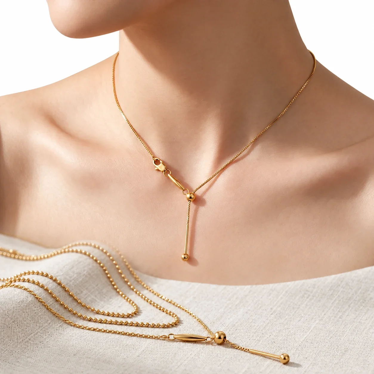 Y-Drop Bead Slider Necklace, 316 Stainless Steel Gold PVD