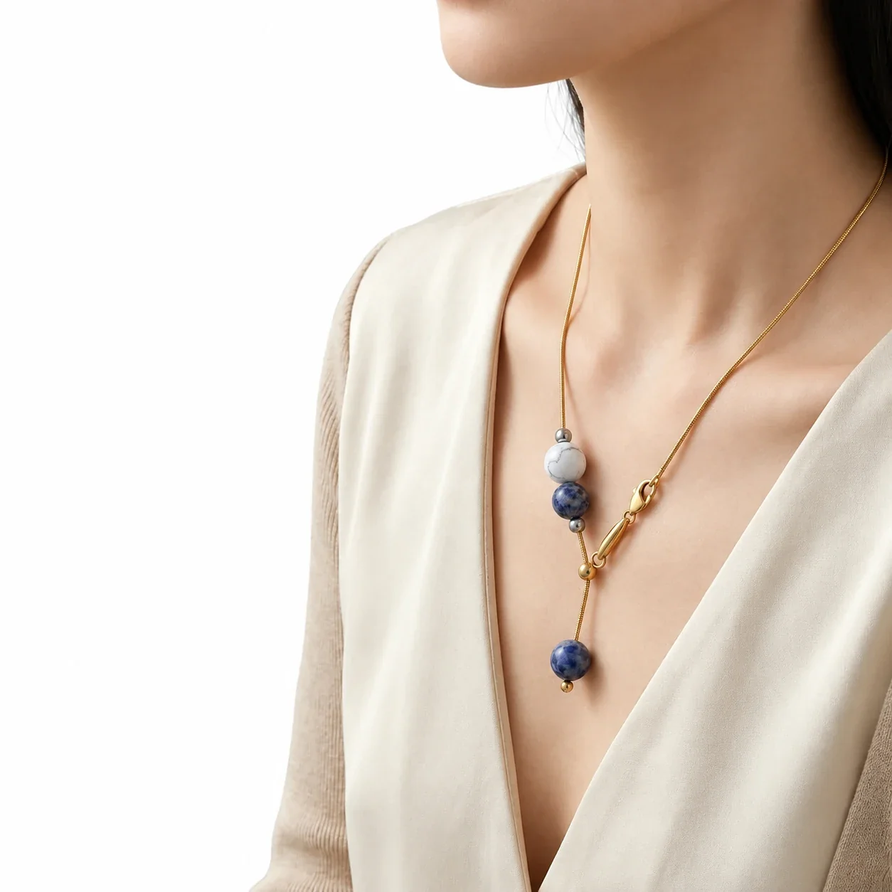 Y-Drop Bead Slider Necklace, 316 Stainless Steel Gold PVD