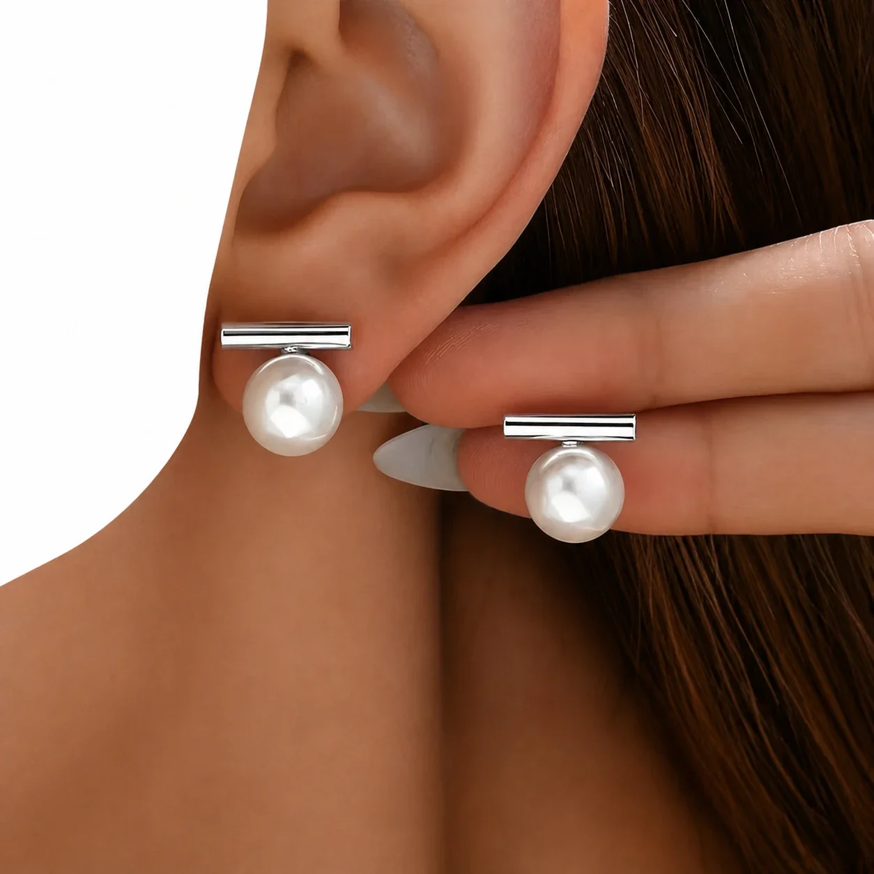 Polished Bar 316 Stainless Steel Pearl-Effect Stud Earrings