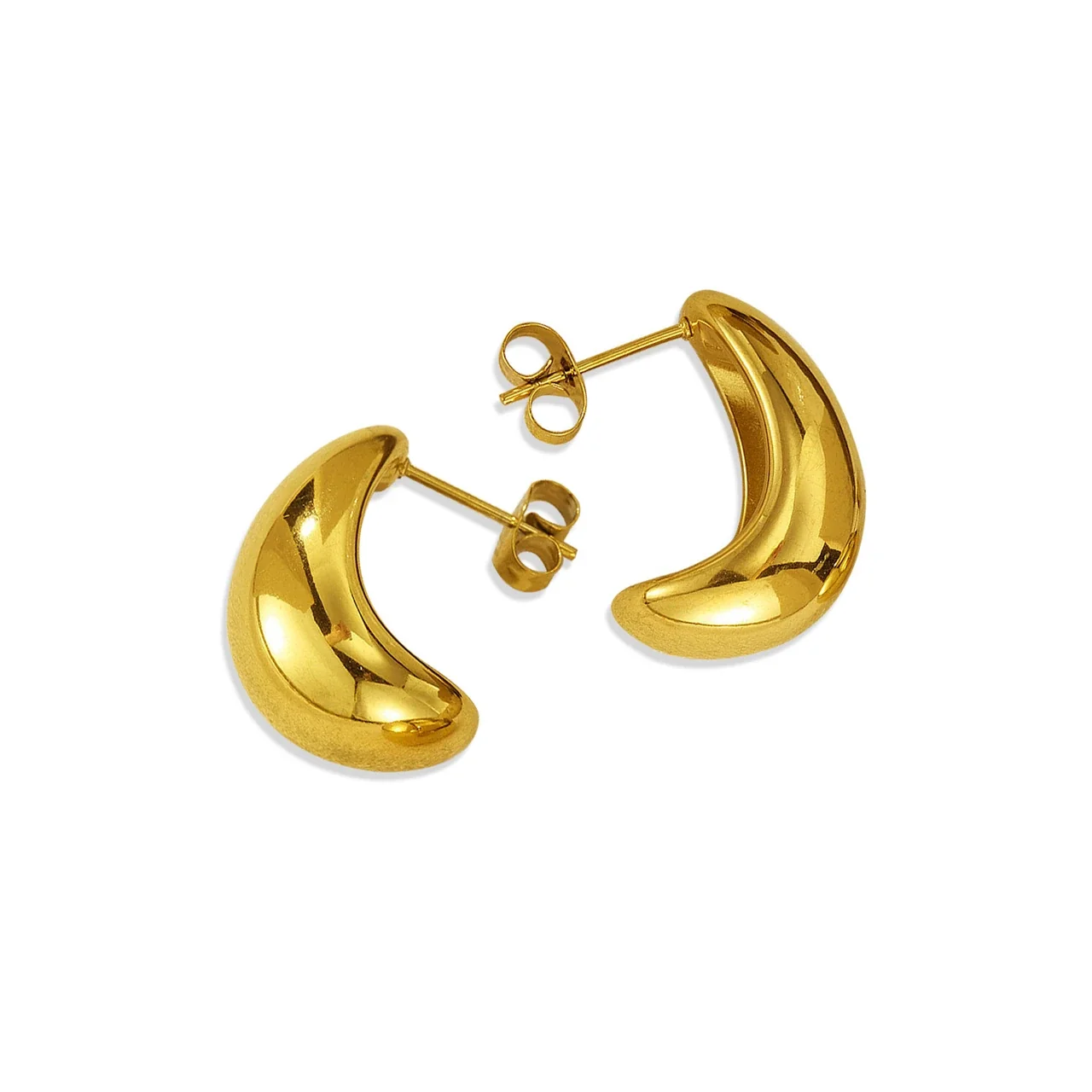 Polished Gold-Plated Crescent Teardrop Dome Stud Earrings