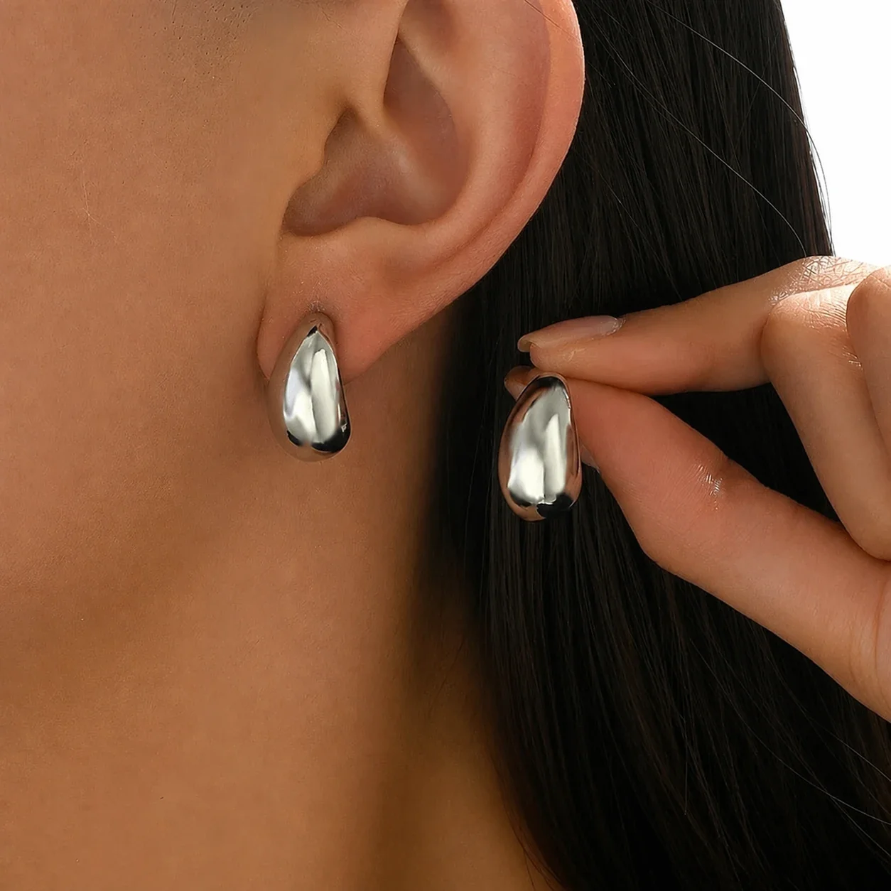 Polished Gold-Plated Crescent Teardrop Dome Stud Earrings