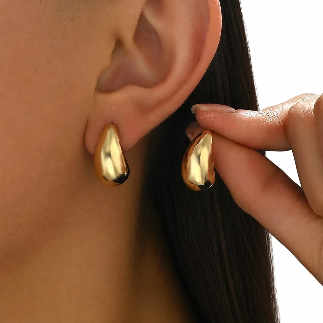 Polished Gold-Plated Crescent Teardrop Dome Stud Earrings