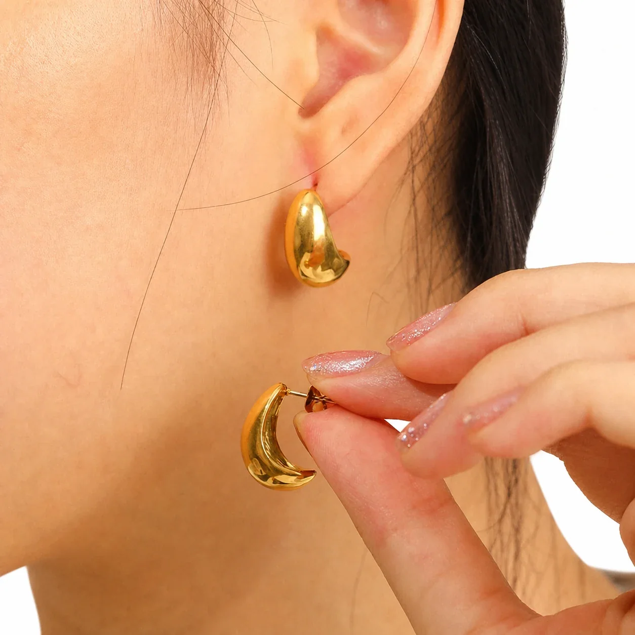 Polished Gold-Plated Crescent Teardrop Dome Stud Earrings