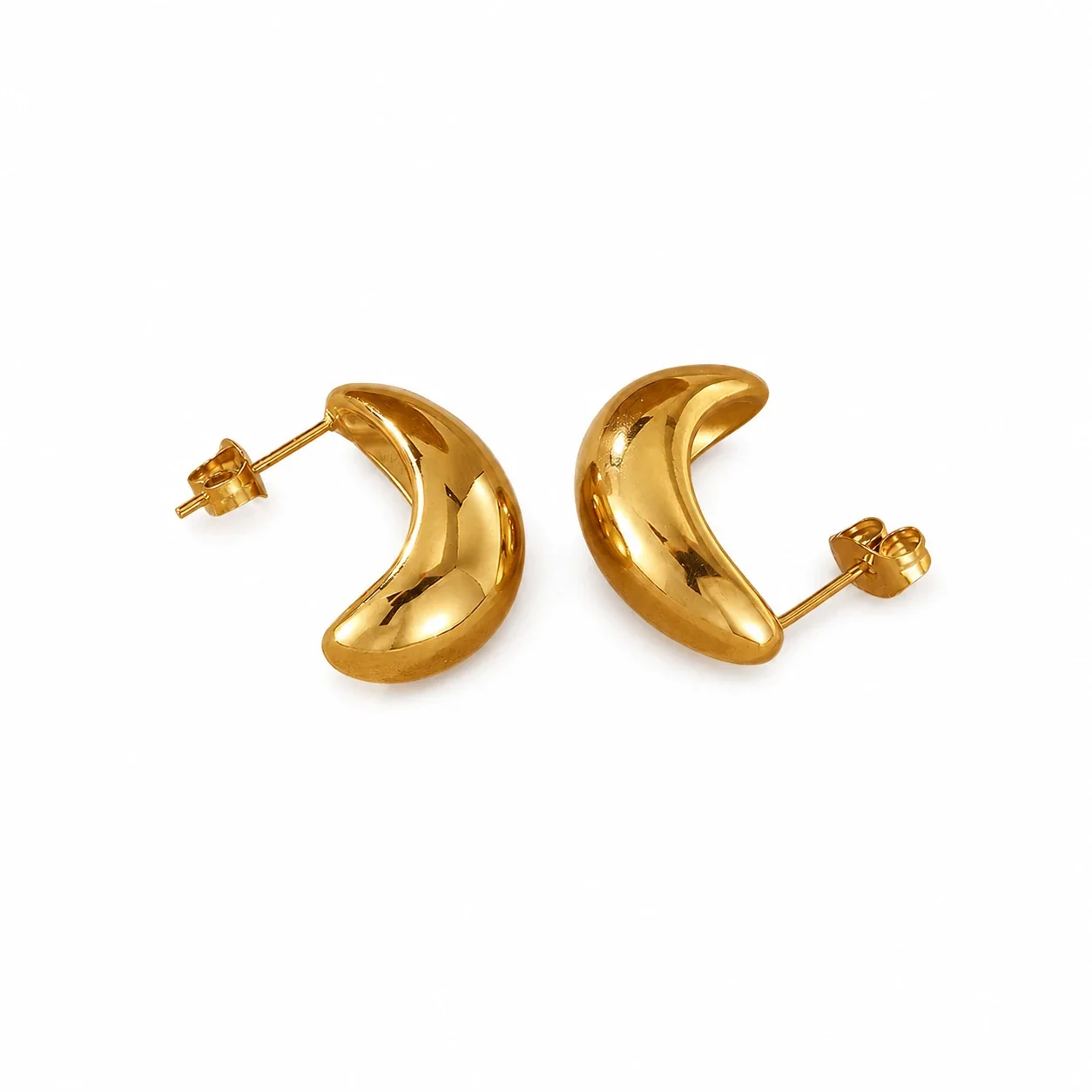 Polished Gold-Plated Crescent Teardrop Dome Stud Earrings