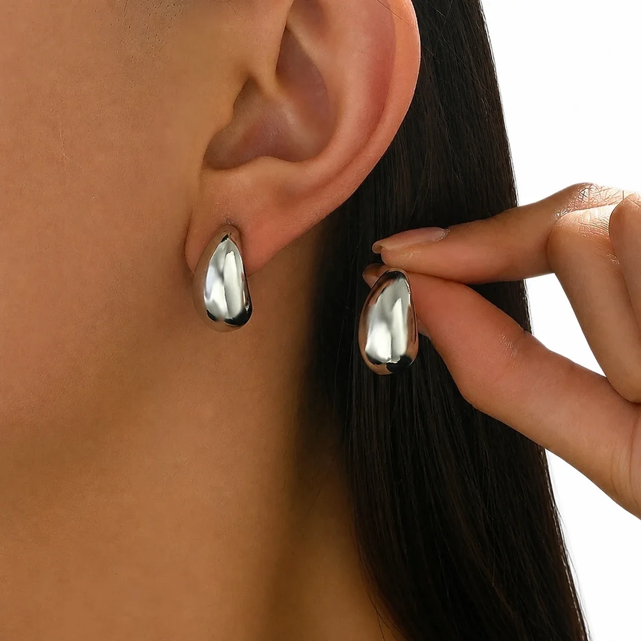 Polished Gold-Plated Crescent Teardrop Dome Stud Earrings - Silver