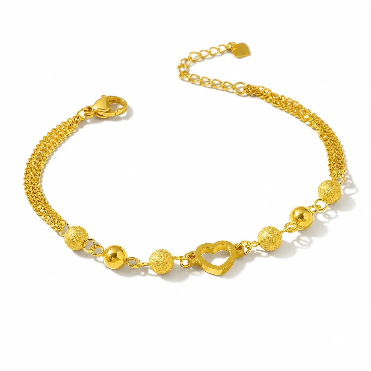 Sweet Gold-Plated Stainless Steel Open Heart Bead Chain Bracelet