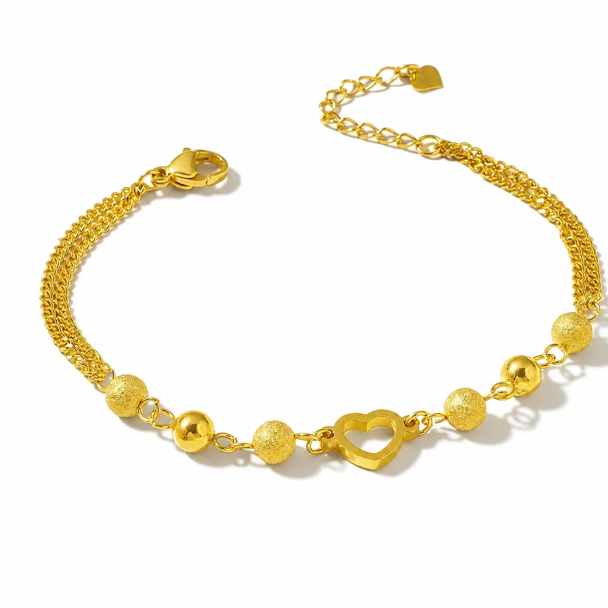 Sweet Gold-Plated Stainless Steel Open Heart Bead Chain Bracelet - Gold