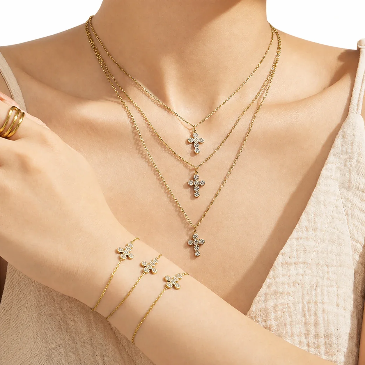 Dainty Gold-Plated 316L Pavé Cross Chain Jewelry Set