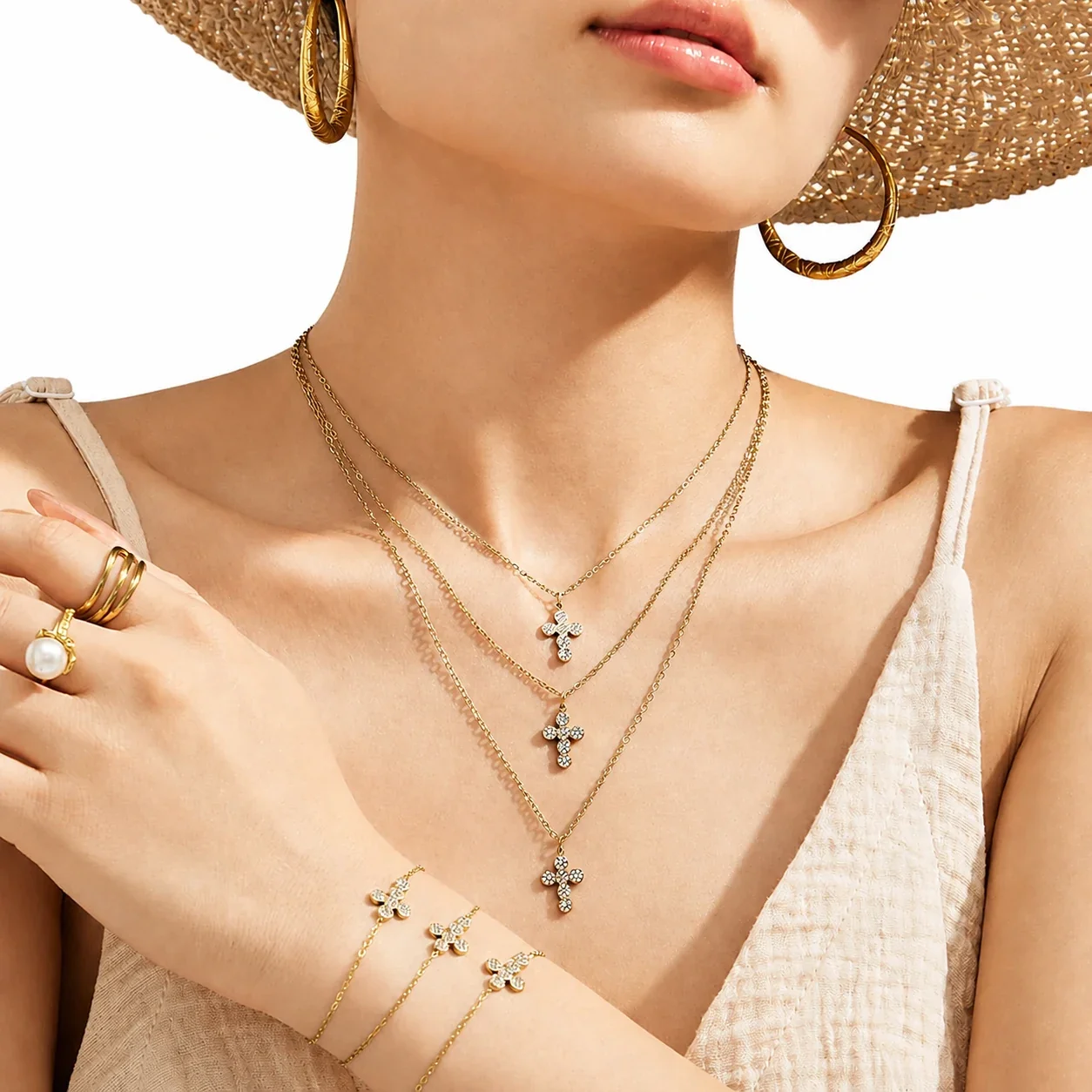 Dainty Gold-Plated 316L Pavé Cross Chain Jewelry Set