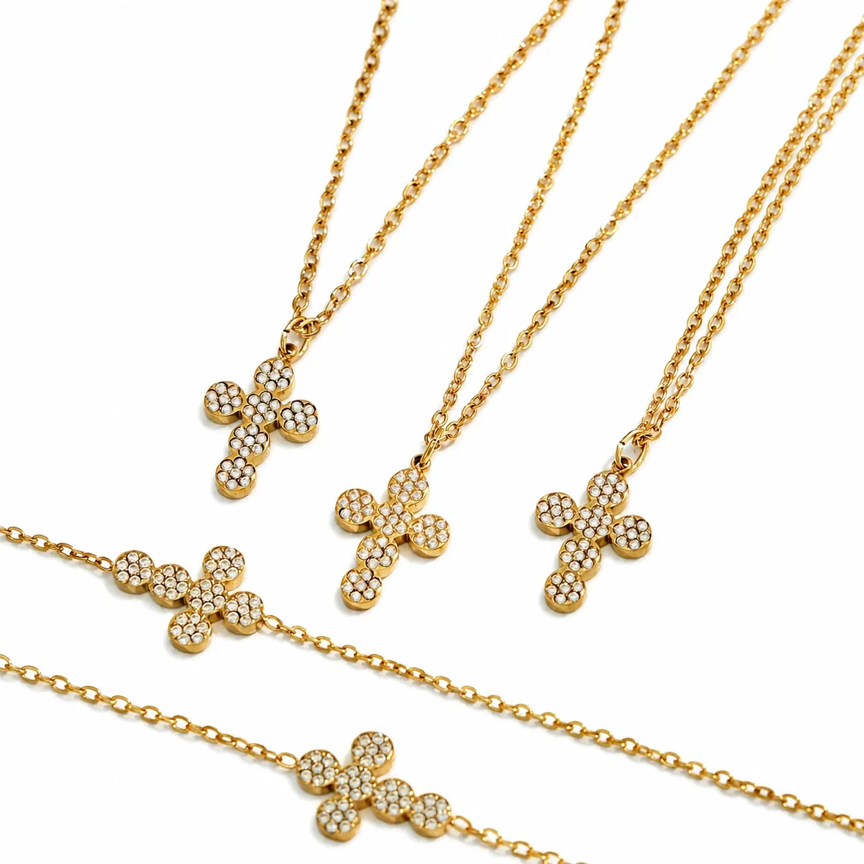 Dainty Gold-Plated 316L Pavé Cross Chain Jewelry Set