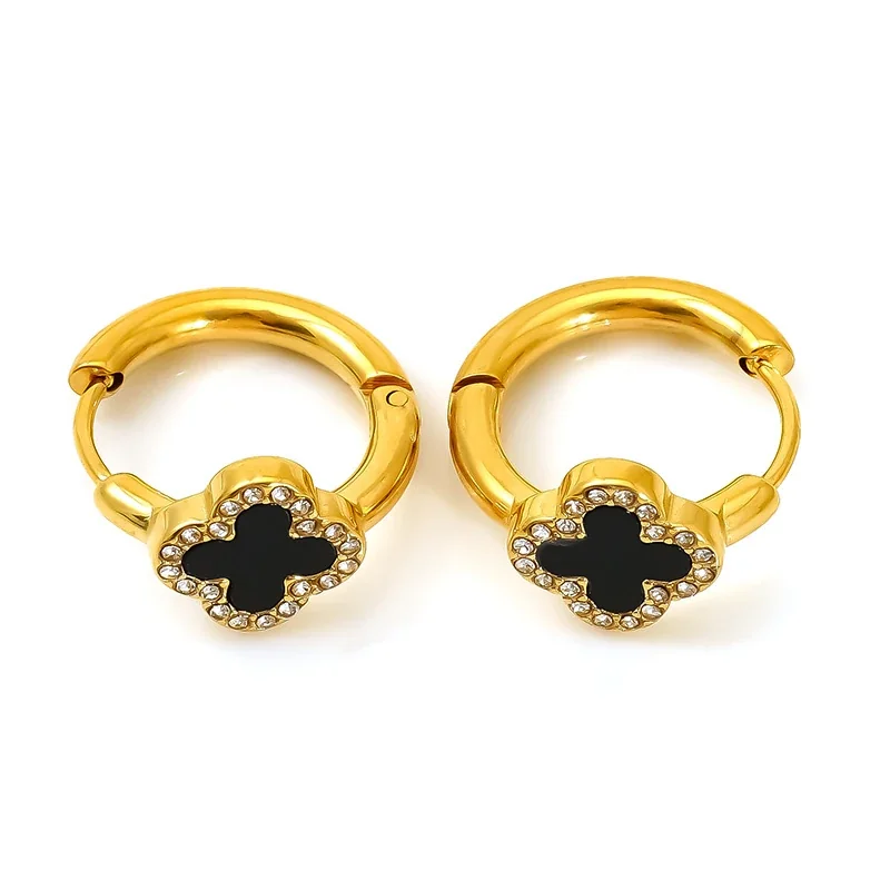 Gold-Tone Black Clover Butterfly Huggie Hoop Earrings