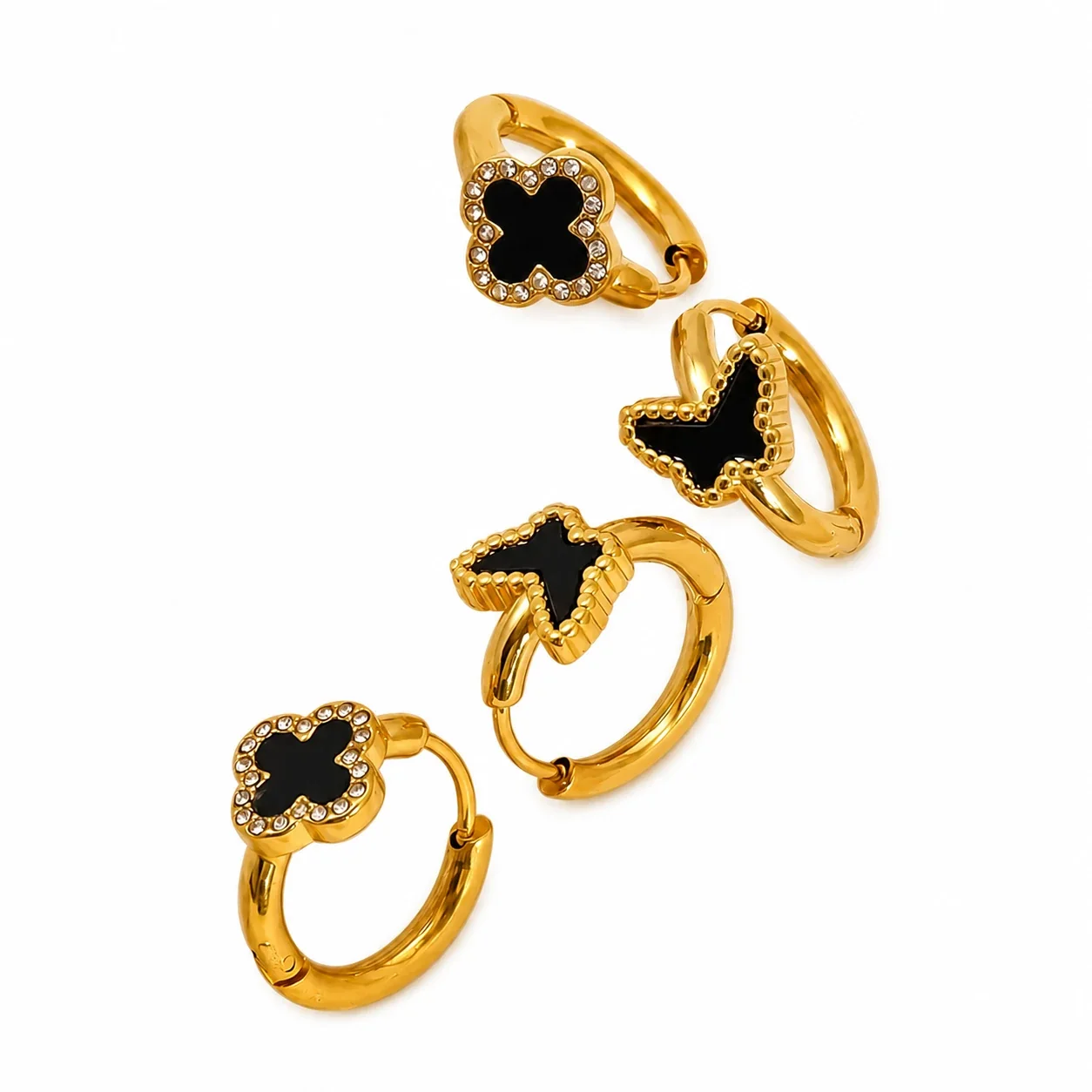 Gold-Tone Black Clover Butterfly Huggie Hoop Earrings