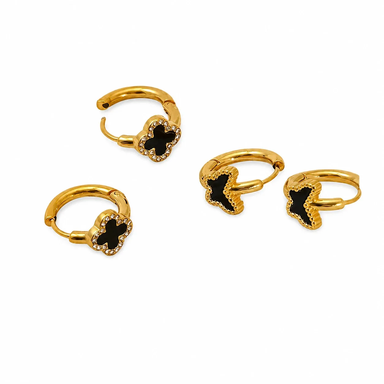 Gold-Tone Black Clover Butterfly Huggie Hoop Earrings