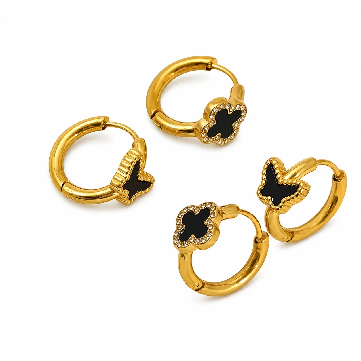 Gold-Tone Black Clover Butterfly Huggie Hoop Earrings