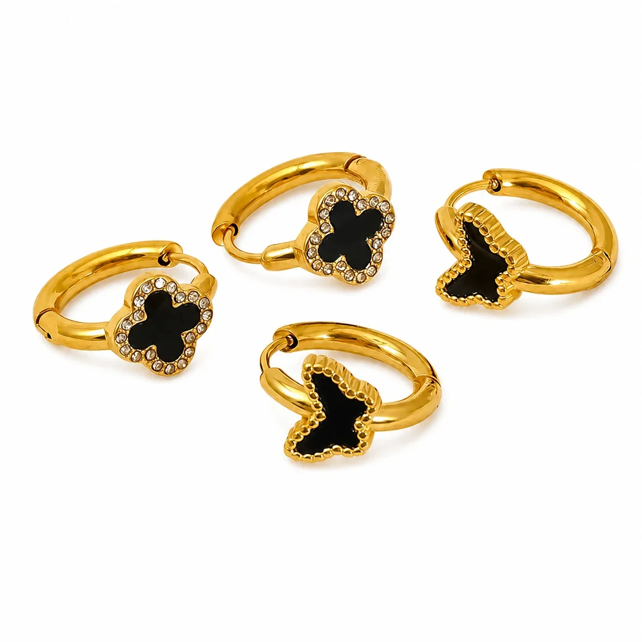 Gold-Tone Black Clover Butterfly Huggie Hoop Earrings