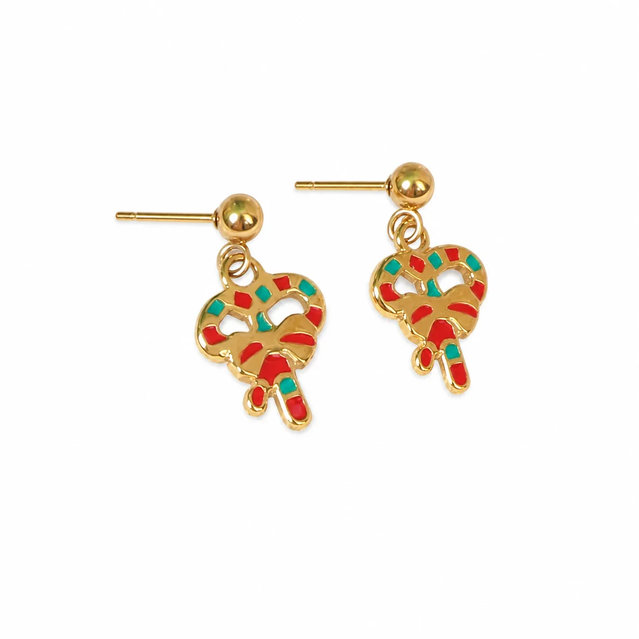 Festive Gold-Plated Enamel Motif Drop Earrings - Candy Cane