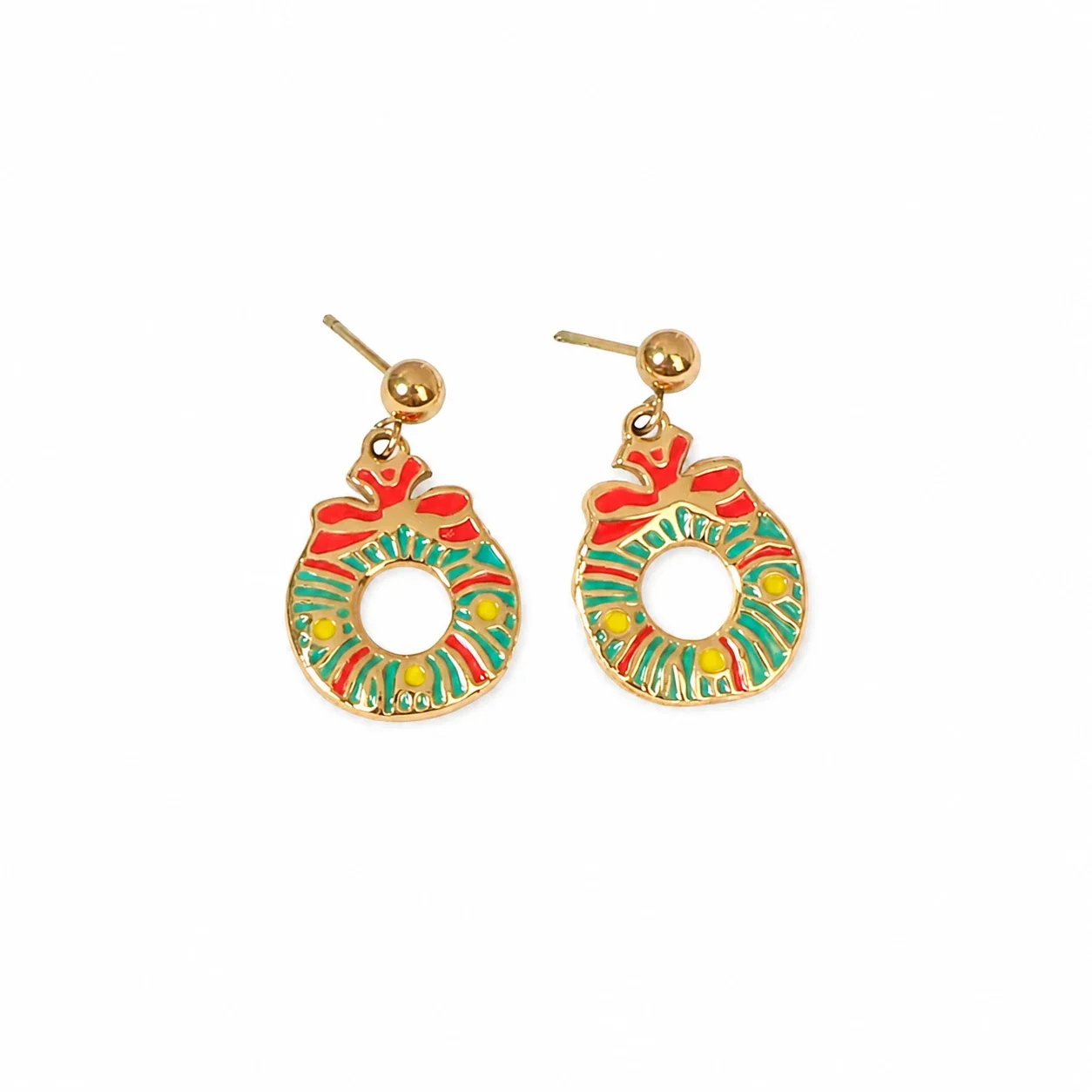 Festive Gold-Plated Enamel Motif Drop Earrings - Wreath