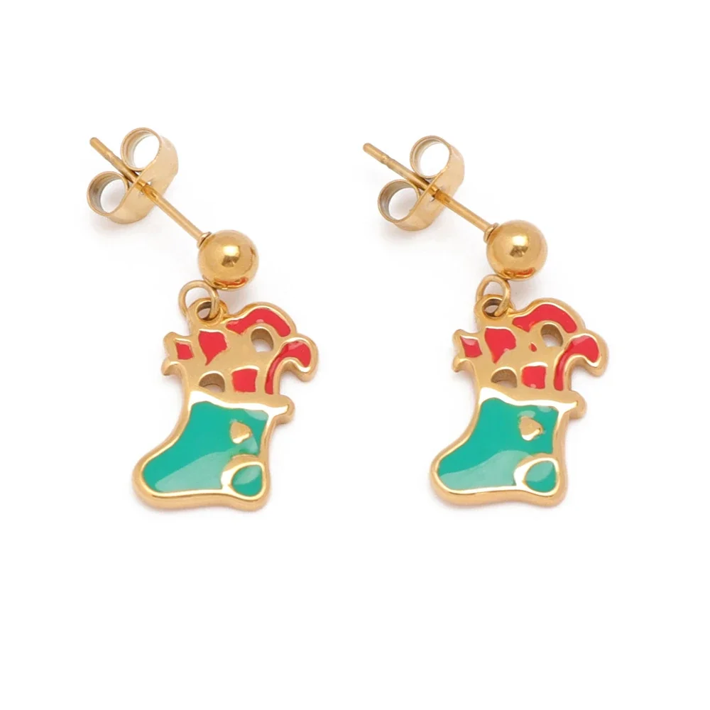 Festive Gold-Plated Enamel Motif Drop Earrings - Stocking