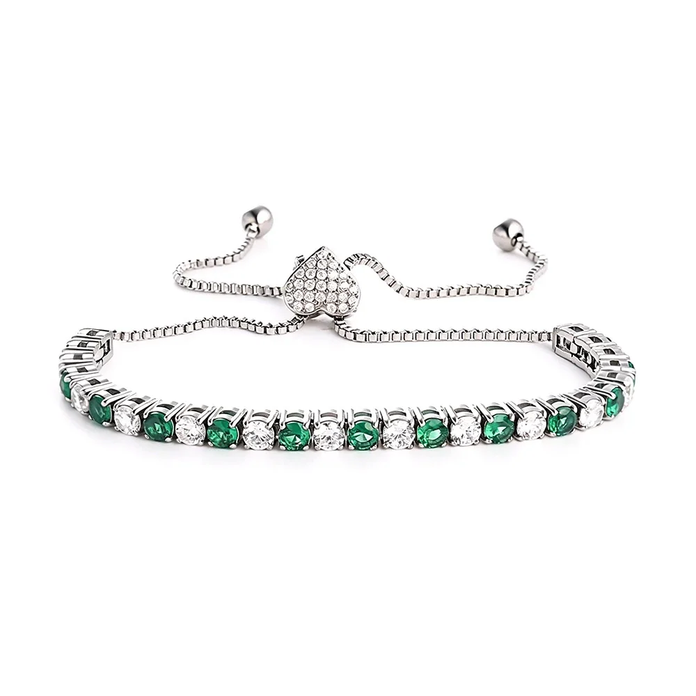 Polished 316 Steel Green CZ Tennis Bracelet - Silver Heart Green and White CZ mm