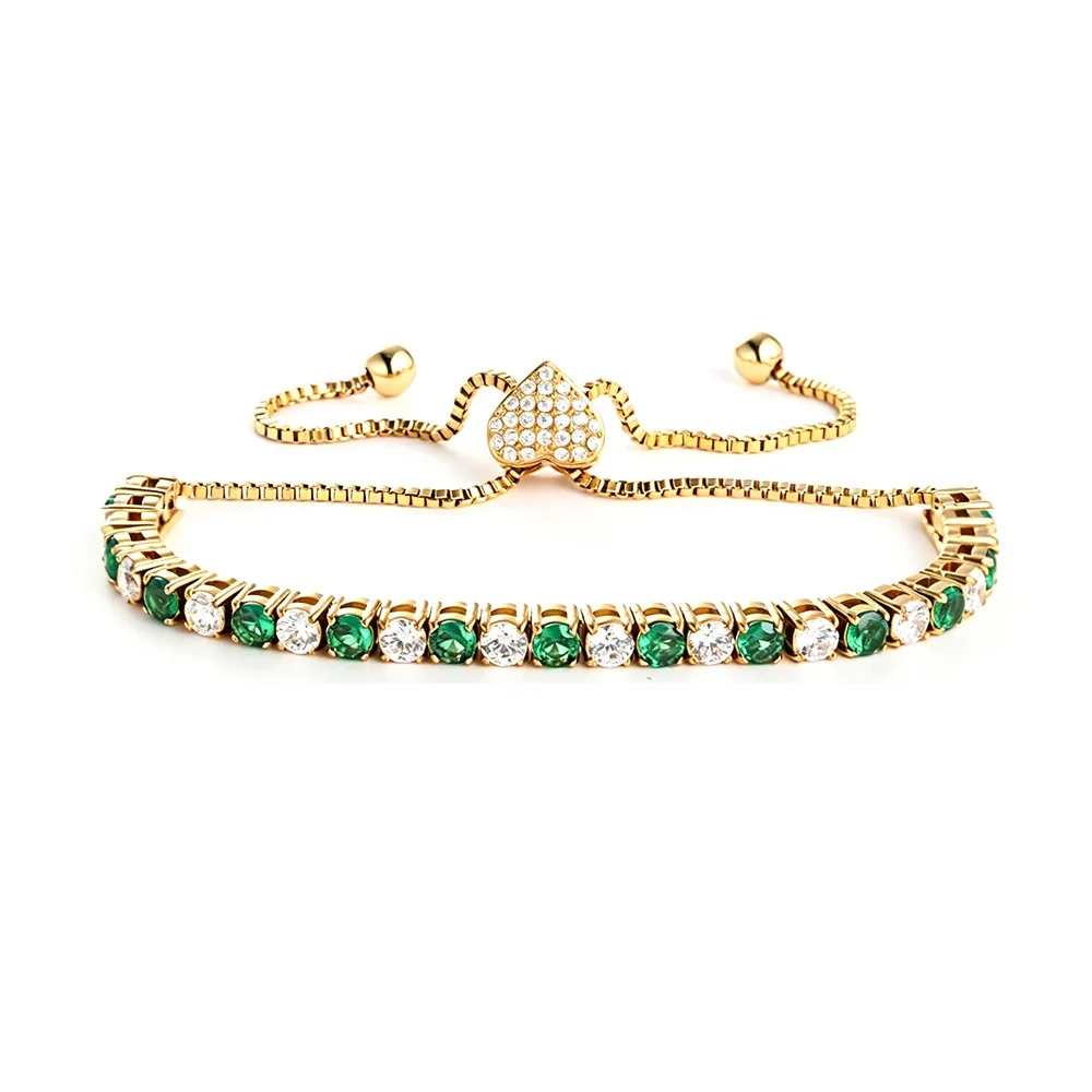 Polished 316 Steel Green CZ Tennis Bracelet - Gold Heart Green and White CZ mm