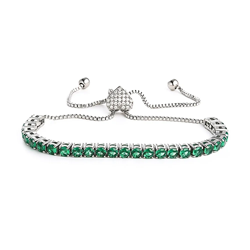 Polished 316 Steel Green CZ Tennis Bracelet - Silver Heart Green CZ mm