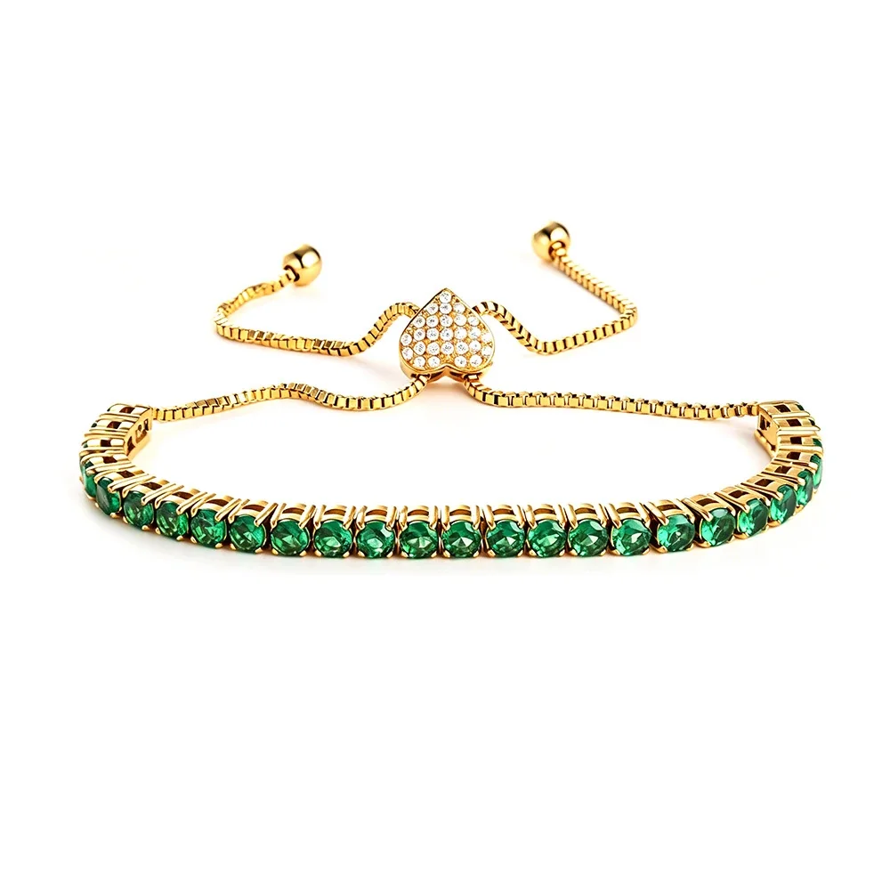 Polished 316 Steel Green CZ Tennis Bracelet - Gold Heart Green CZ mm
