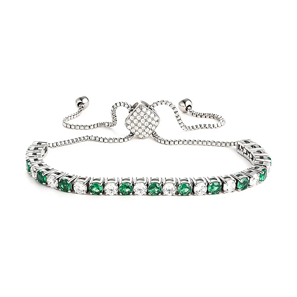Polished 316 Steel Green CZ Tennis Bracelet - Silver Square Green and White CZ mm