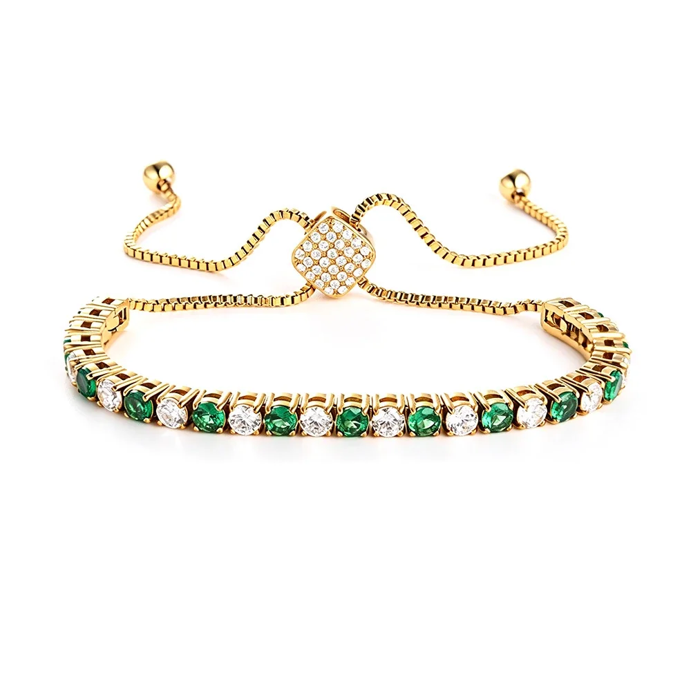 Polished 316 Steel Green CZ Tennis Bracelet - Gold Square Green and White CZ mm