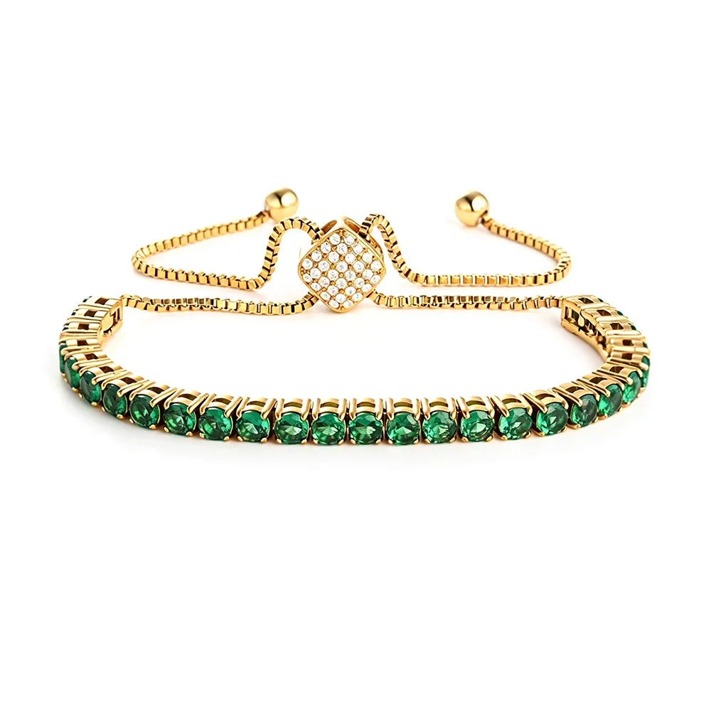 Polished 316 Steel Green CZ Tennis Bracelet - Gold Square Green CZ mm