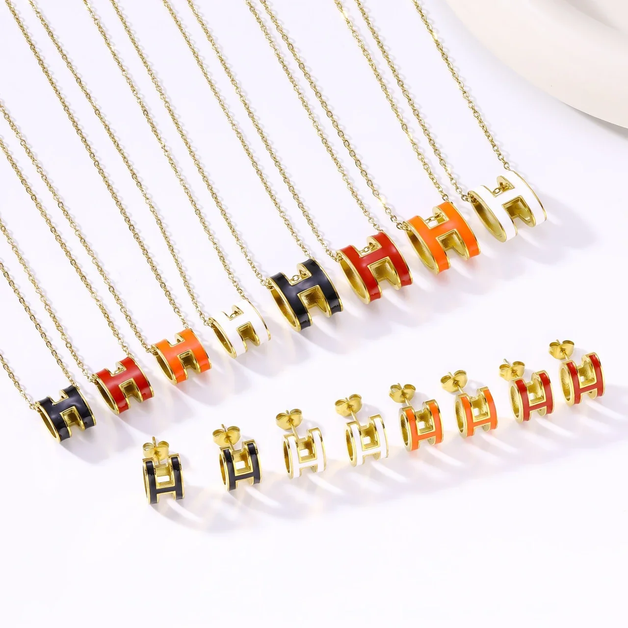Polished 316 Stainless Steel Enamel H Pendant Necklace