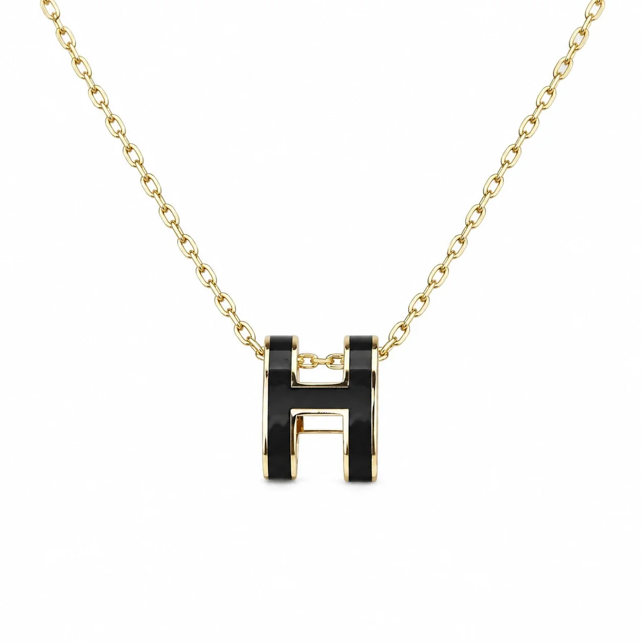 Polished 316 Stainless Steel Enamel H Pendant Necklace - Black H