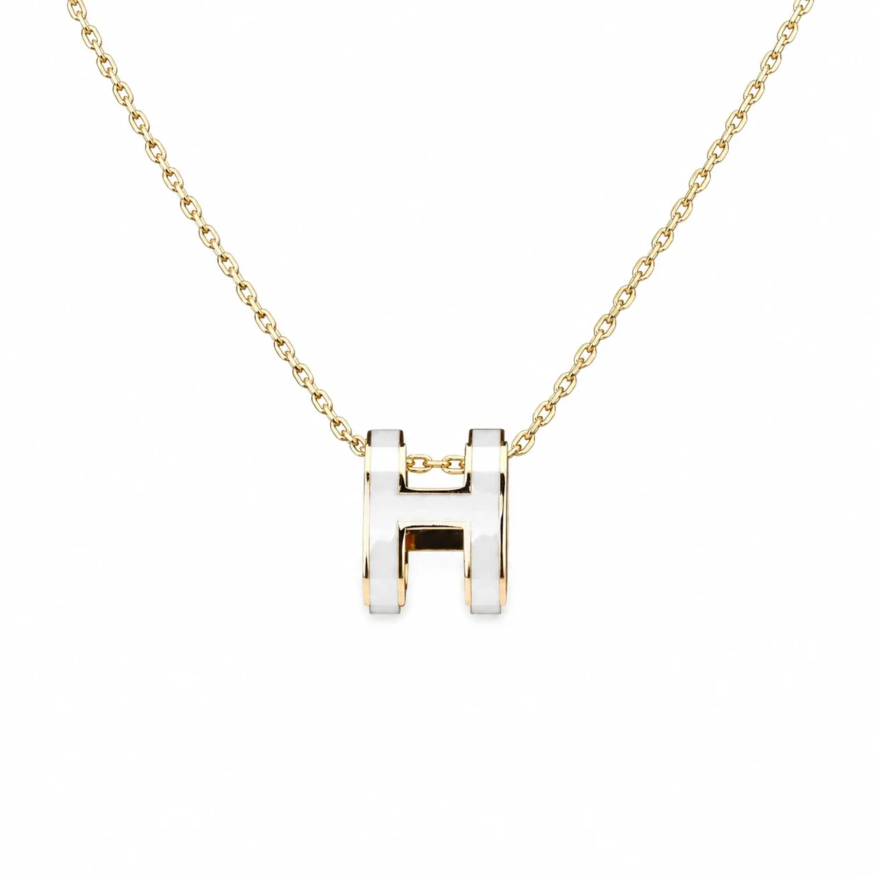 Polished 316 Stainless Steel Enamel H Pendant Necklace - White H