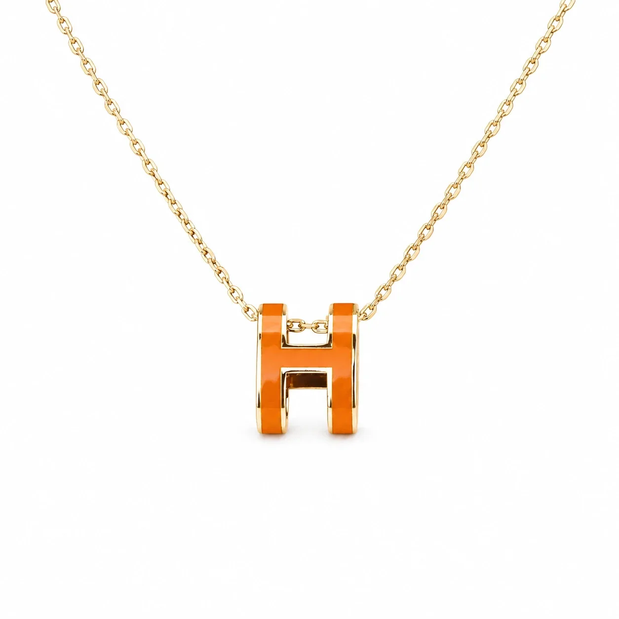 Polished 316 Stainless Steel Enamel H Pendant Necklace - Orange H