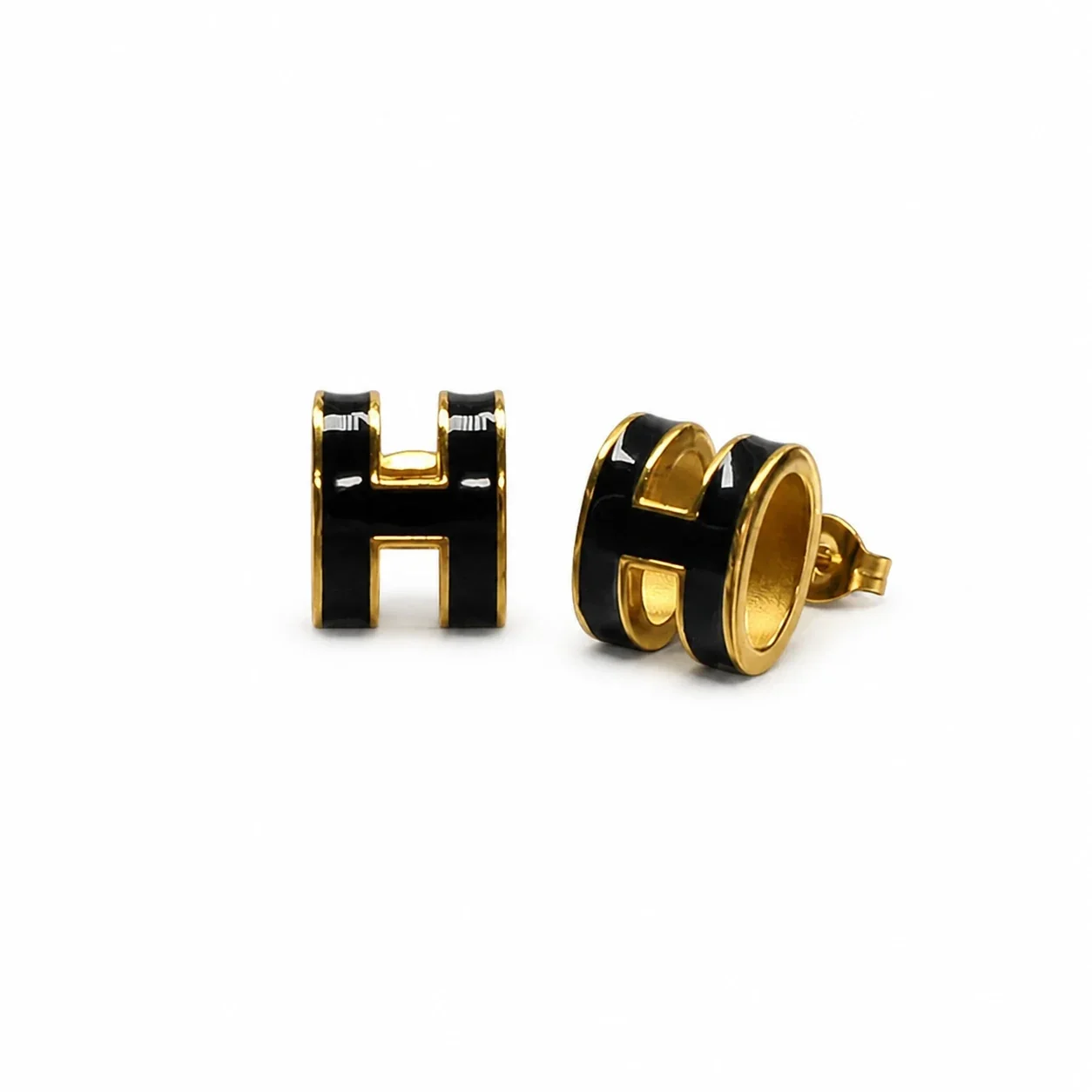 Polished 316 Stainless Steel Enamel H Pendant Necklace - Black H Stud