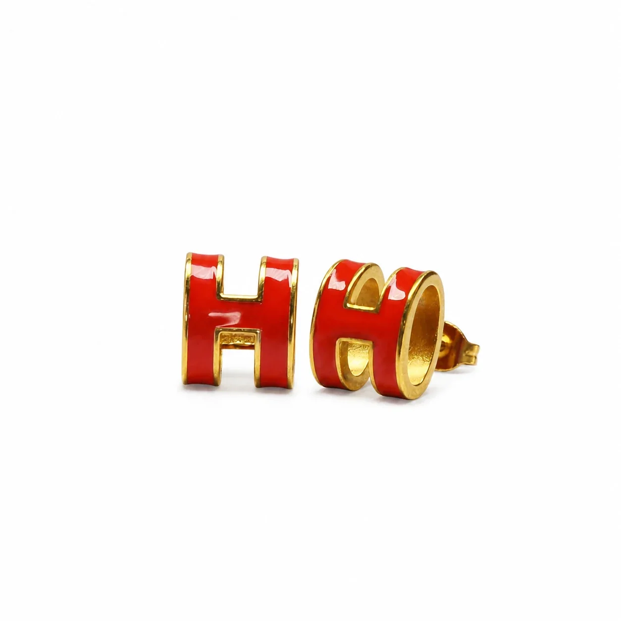 Polished 316 Stainless Steel Enamel H Pendant Necklace - Red H Stud