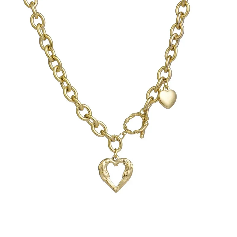 Textured Heart Chain Necklace with T-Bar, Gold-Plated Stainless Steel