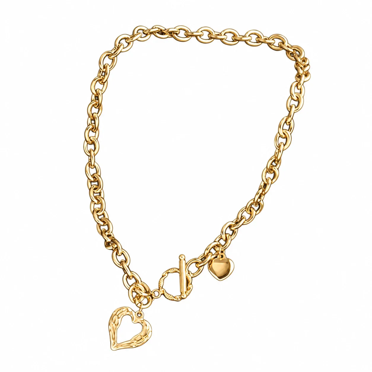 Foto prodotto: Textured Heart Chain Necklace with T-Bar, Gold-Plated Stainless Steel