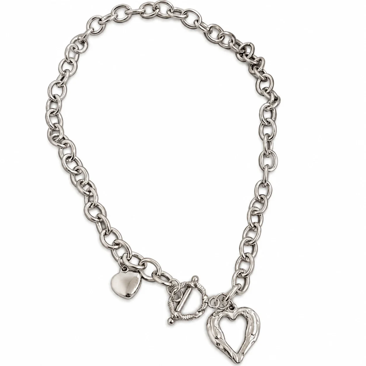 Foto prodotto: Textured Heart Chain Necklace with T-Bar, Gold-Plated Stainless Steel