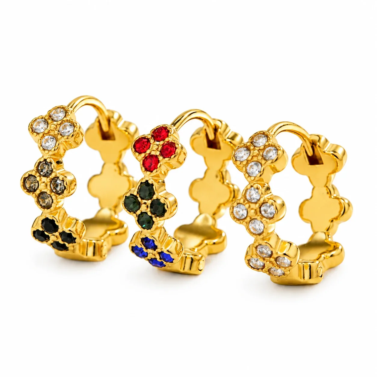 Hoop Earrings Triple Clover Round Stones Stainless Steel Gold PVD