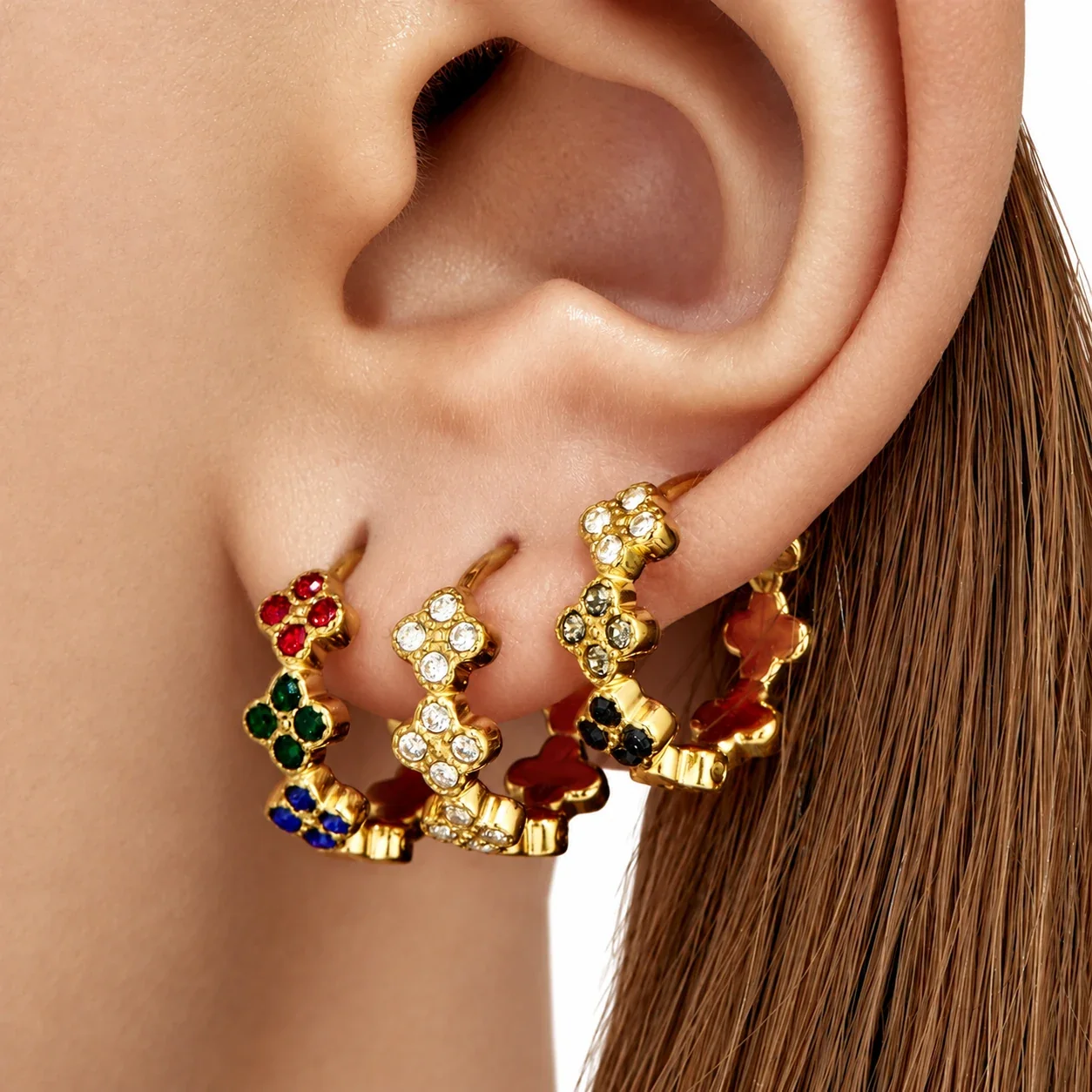 Hoop Earrings Triple Clover Round Stones Stainless Steel Gold PVD