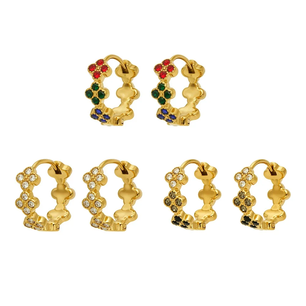 Hoop Earrings Triple Clover Round Stones Stainless Steel Gold PVD