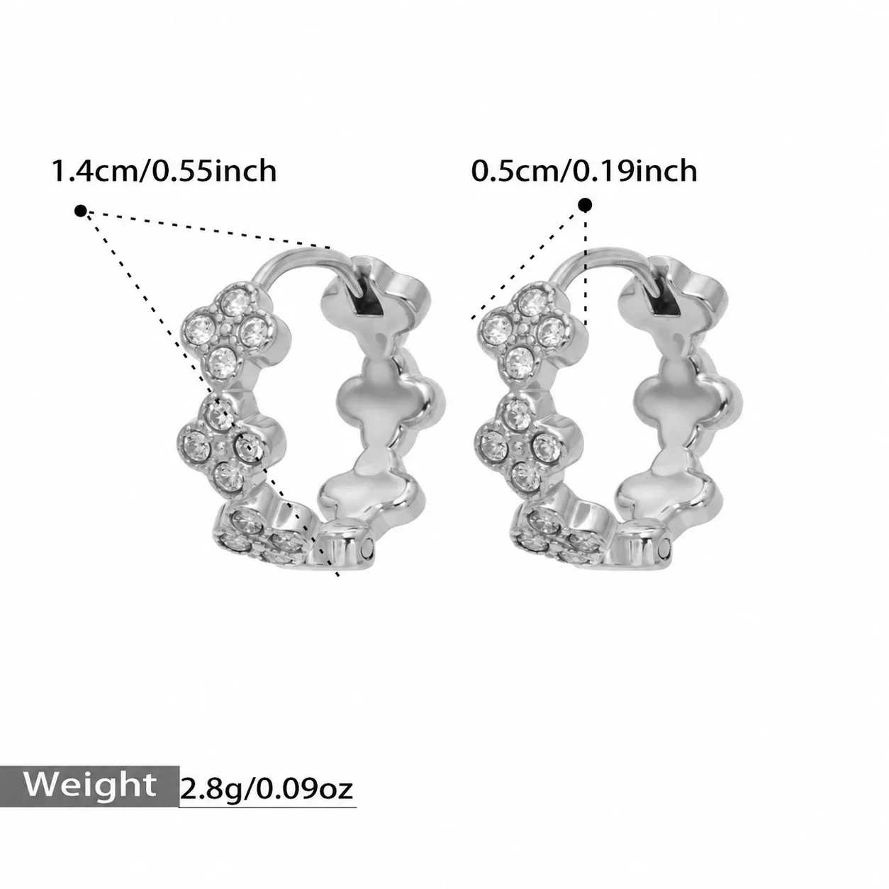 Hoop Earrings Triple Clover Round Stones Stainless Steel Gold PVD - Silver White Cubic Zirconia