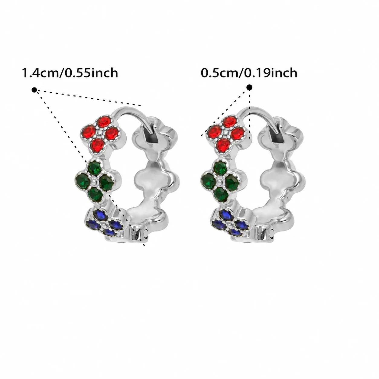 Hoop Earrings Triple Clover Round Stones Stainless Steel Gold PVD - Silver Multicolor Cubic Zirconia