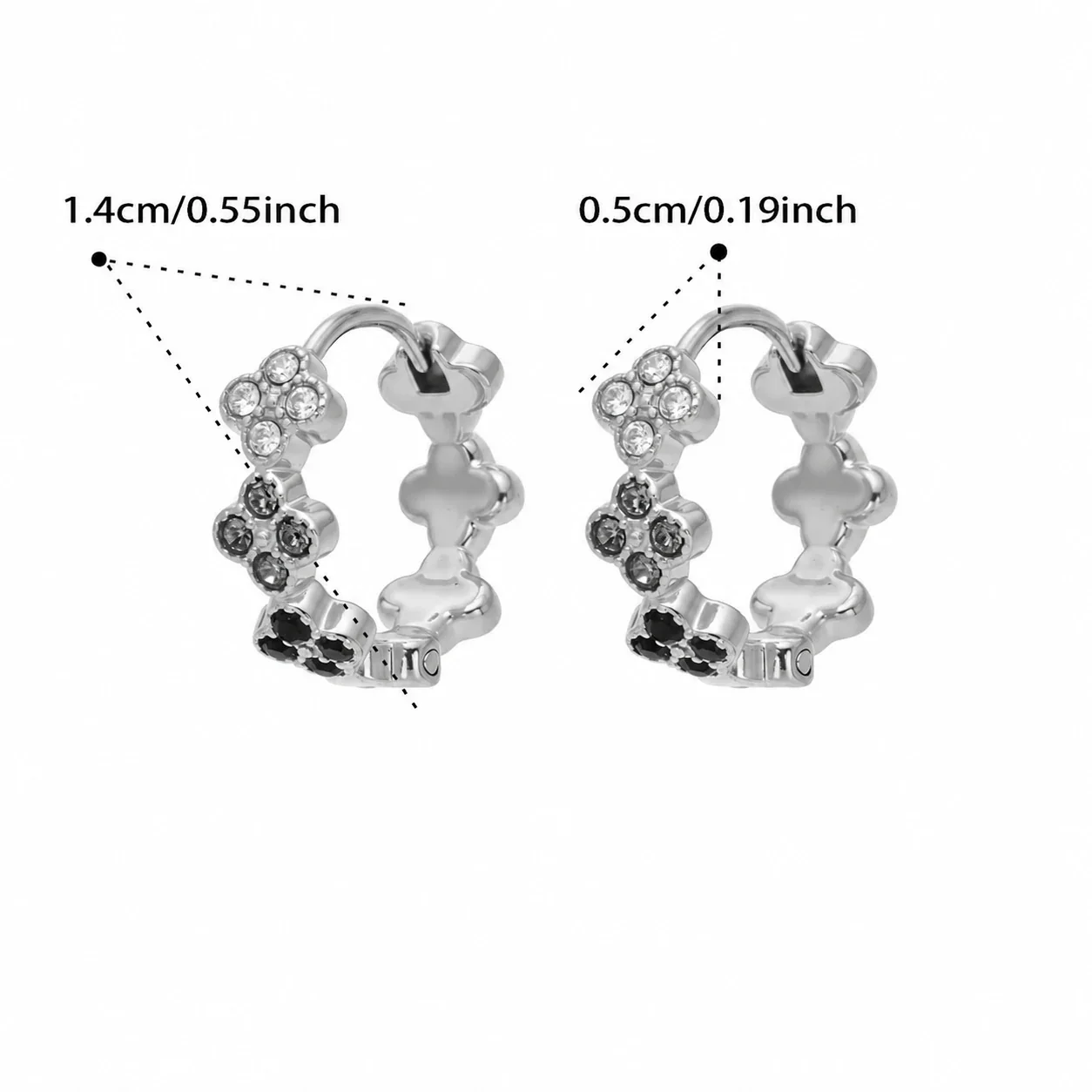Hoop Earrings Triple Clover Round Stones Stainless Steel Gold PVD - Silver Black Cubic Zirconia