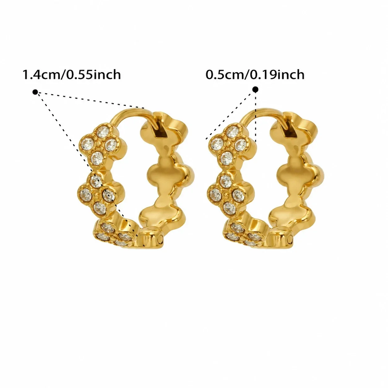 Hoop Earrings Triple Clover Round Stones Stainless Steel Gold PVD - Gold White Cubic Zirconia