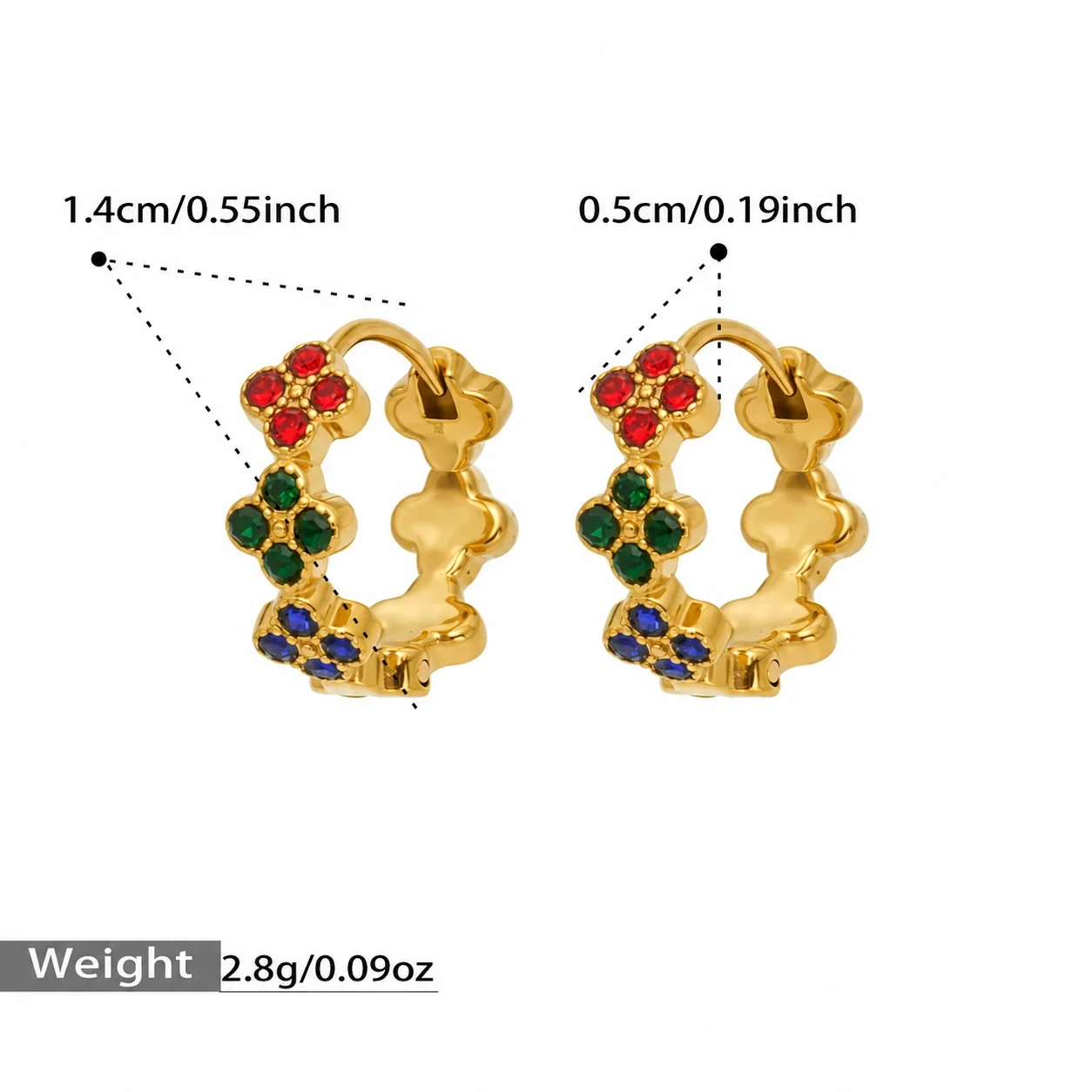Hoop Earrings Triple Clover Round Stones Stainless Steel Gold PVD - Gold Multicolor Cubic Zirconia