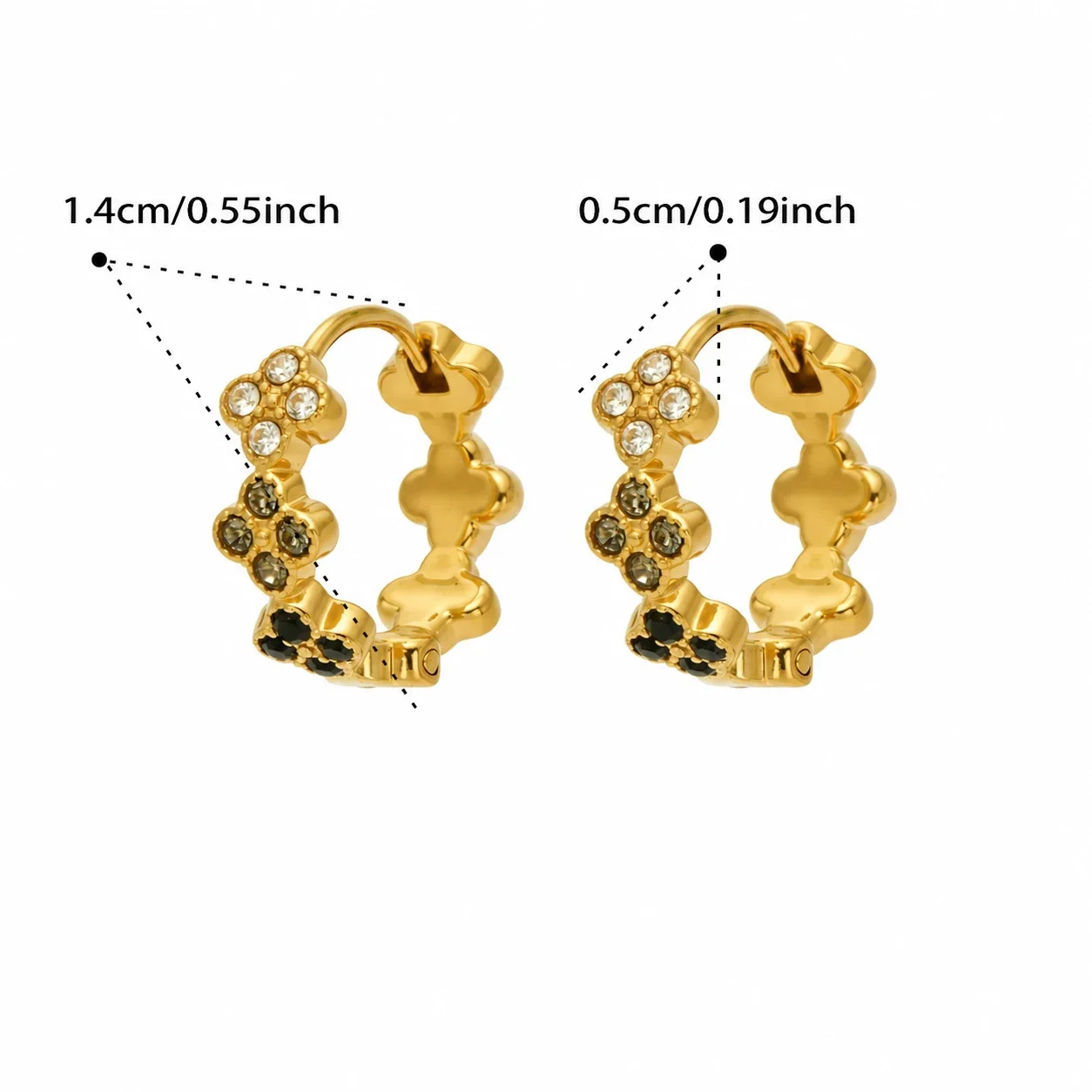 Hoop Earrings Triple Clover Round Stones Stainless Steel Gold PVD - Gold Black Cubic Zirconia