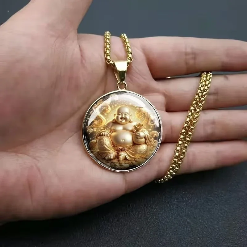 Hangerketting met ronde Lachende Boeddha, roestvrij staal productfoto