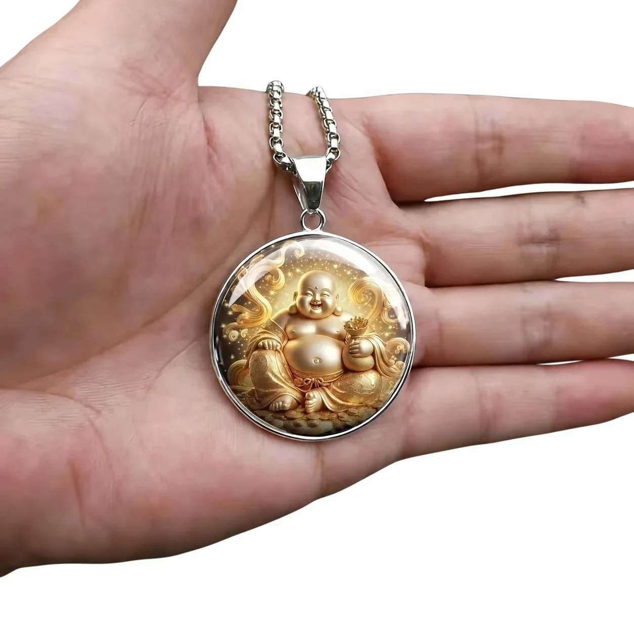 Hangerketting met ronde Lachende Boeddha, roestvrij staal productfoto