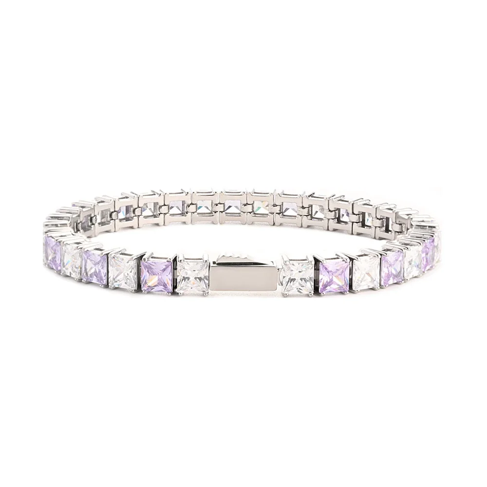 Pulseira Tennis em Aço Inoxidável com Cubic Zirconia Quadrada Lilás Pálida